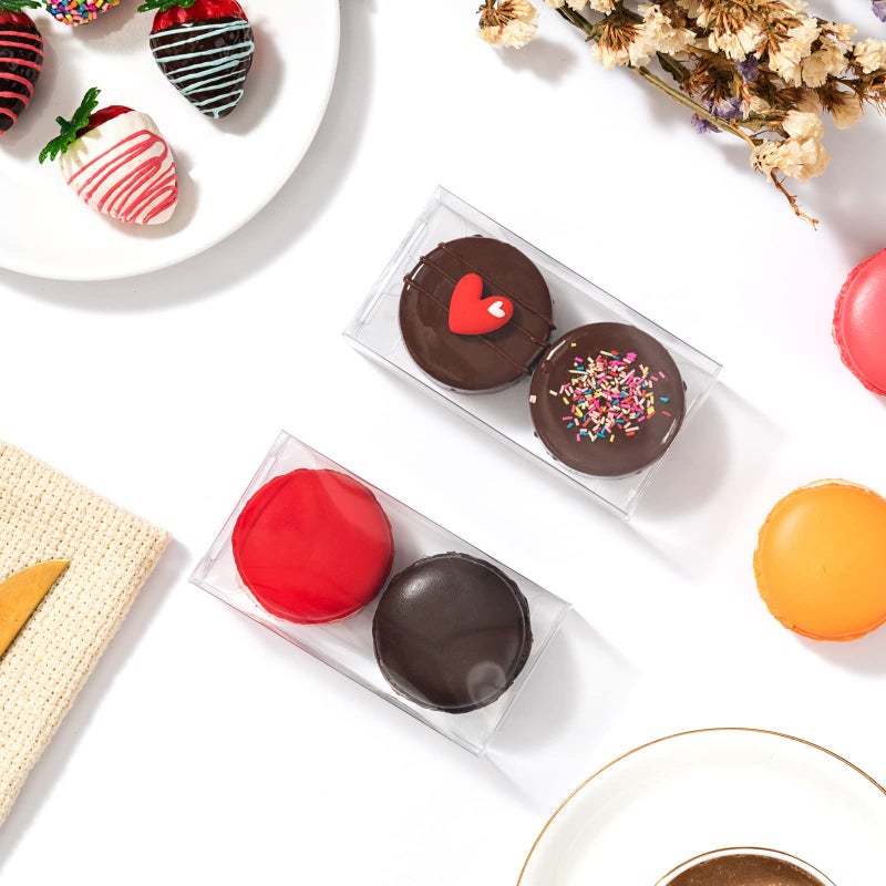 RomanticBaking 100 عبوة من صناديق الماكارون الشفافة لعلبتين من البلاستيك الصغير المغطى بالشوكولاتة مقاس 4.17 × 2.16 × 1.37 بوصة لحفلات الزفاف وحفلات استقبال المولود الجديد وصناديق المخبوزات الصغيرة وصناديق حلوى المعجنات - Image 2